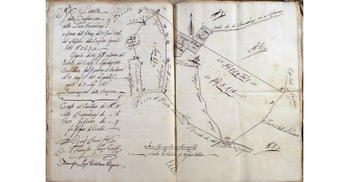 Pianta delle Confinazioni della Linea Bernardinai a forma dell'Istanza del 22 Gennaio 1596, ad esclusione delle Porzioni segnate sotto N. 5. 6. 7. Eseguito da noi Sott. a forma del decreto del Consiglio di Liquidazione. Prefettura del Dipartimento d'Ombrone del 25 Maggio 1811 al quale questo dì 3 Luglio 1811