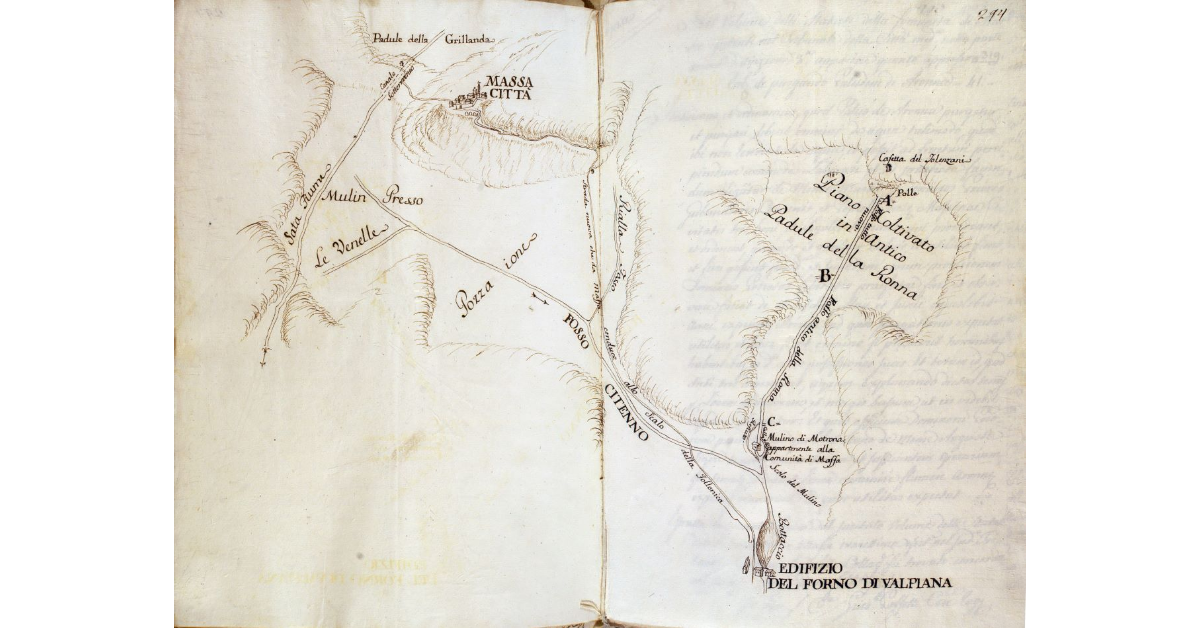 [Pianta dell'area che va dalla pianura di Massa al piano in cui si estendeva il padule dell'Aronna fino alla zona di Valpiana]