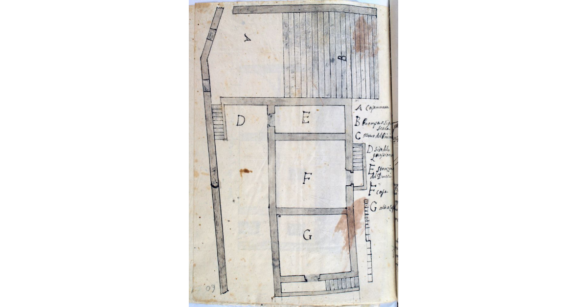 [Pianta del fabbricato che comprende la "casamatta" della fortezza dell’isola del Giglio, alcune abitazioni private ed uno stanzino appartenente al sig. Andrea Ducci]