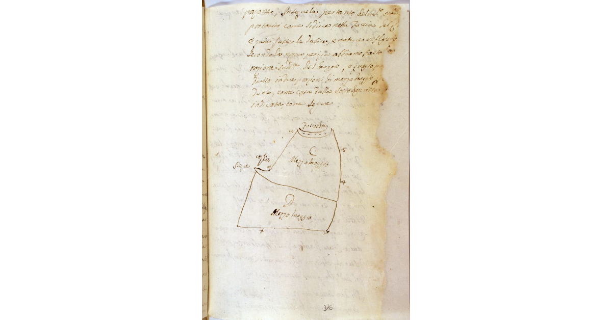 [Pianta della porzione di terreno di un moggio situata in luogo detto le Cetine presso Sassofortino, suddivisa in due parti uguali in relazione alla controversia sorta fra Lucia Barzotti e Paolo Barboni]