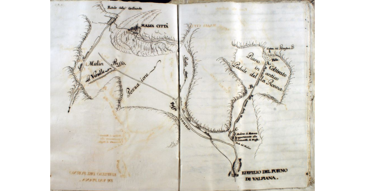 [Pianta dell'area che va dalla pianura di Massa al piano in cui si estendeva il padule dell'Aronna fino alla zona di Valpiana]