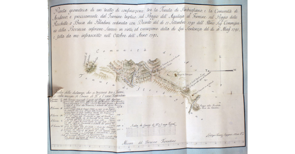 Pianta geometrica di un tratto di confinazione tra la Tenuta di Stribugliano, e la Comunità di Arcidosso, e precisamente dal Termine triplice sul Poggio dell'Aquilaia al Termine sul Poggio delle Rocchette, o Buca dei Paladini ordinata con Decreto del di 17 Settembre 1792 dell'Ill.mo Sig. Commissario della Provincia inferiore Sanese in virtù, ed esecuzione della di Lui Sentenza del di 16 Maggio 1791, e fatta da me infrascritto nell'Ottobre dell'Anno 1792