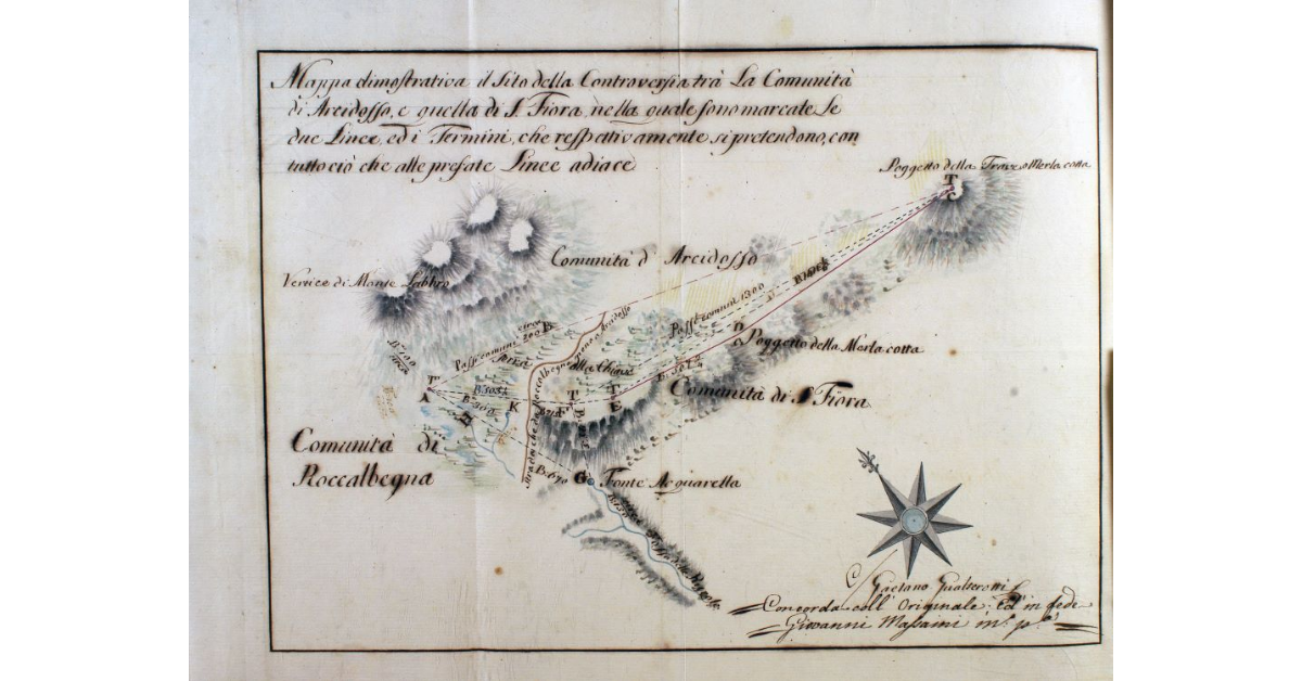 Mappa dimostrativa il Sito della Controversia trà La Comunità di Arcidosso, e quella si S. Fiora nella quale sono marcate Le due Linee, ed i Termini, che respettivamente si pretendono, con tutto ciò che alle prefate Linee adiace