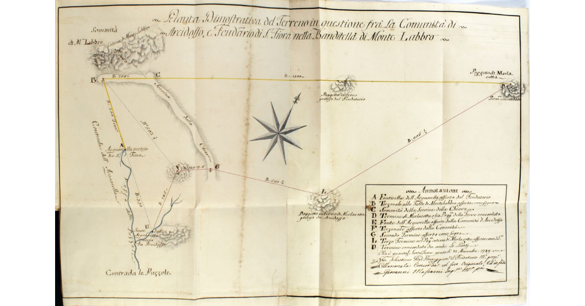 Pianta Dimostrativa del Terreno in questione frà La Comunità di Arcidosso, e Feudatario di S. Fiora nella Banditella di Monte Labbro
