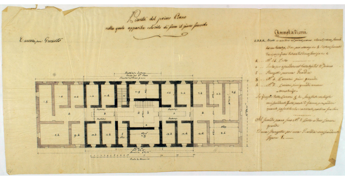 Pianta del primo piano nella quale apparisce colorito di scuro il piano secondo