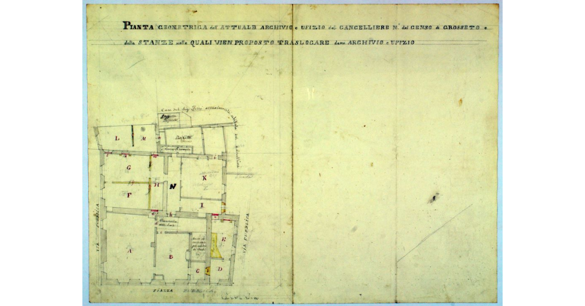 Pianta geometrica dell'attuale Archivio e Ufizio del Cancelliere M°. del Censo di Grosseto e delle stanze nelle quali vien proposto traslocare detto Archivio e Ufizio