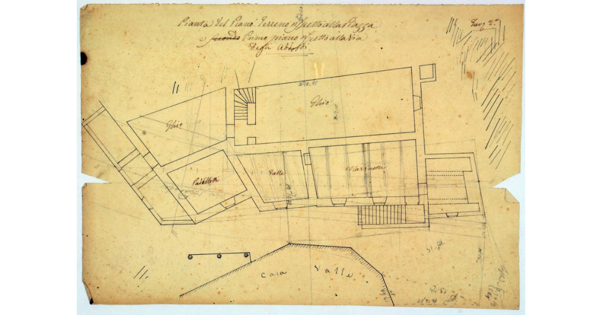 Pianta del Piano Terreno rispetto alla Piazza e Primo Piano rispetto alla via degli Addobbi