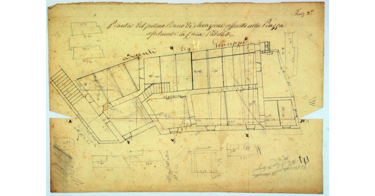 Pianta del primo Piano di elevazione rispetto alla Piazza costituente la casa Padelletti