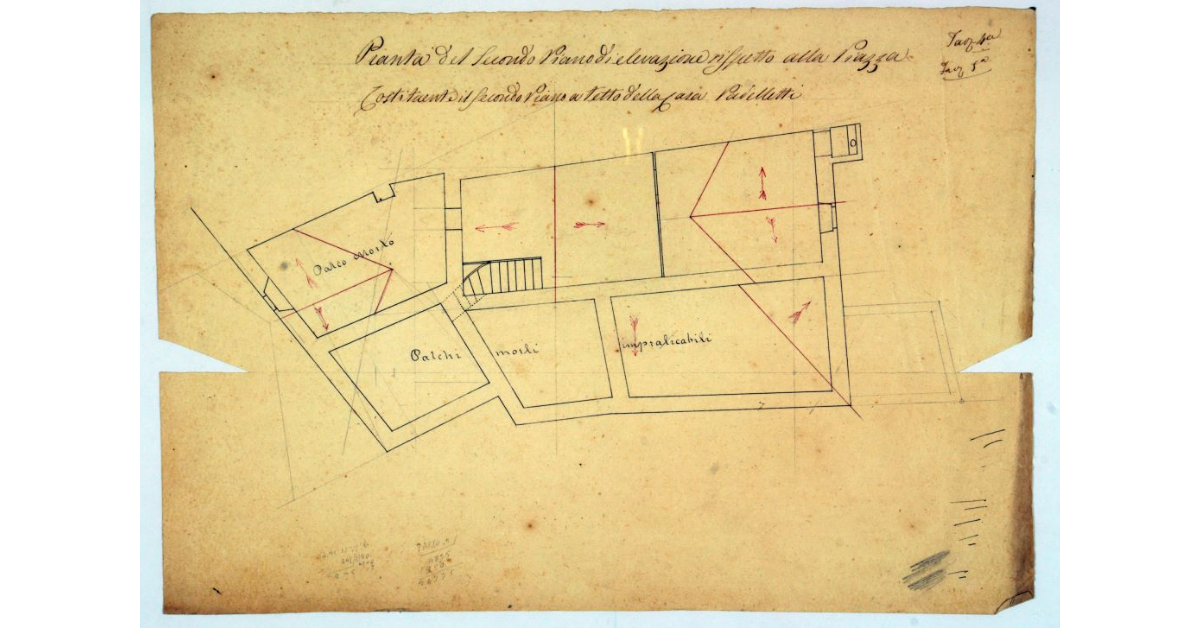 Pianta del Secondo Piano di elevazione rispetto alla Piazza costituente il Secondo Piano a tetto della casa Padelletti