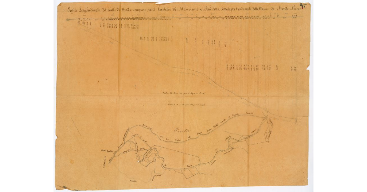 [Pianta e profilo longitudinale del tratto di strada compreso fra il Castello di Manciano e il Ponte della Stellata per l'andamento della Piana di Mondo Nuovo]