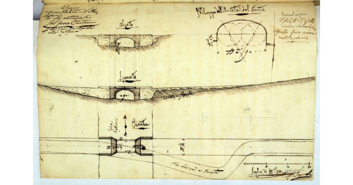 Disegni inquadranti il Ponte da costruirsi sul fosso Castioni per la Via la Pereta alle Zolfiere