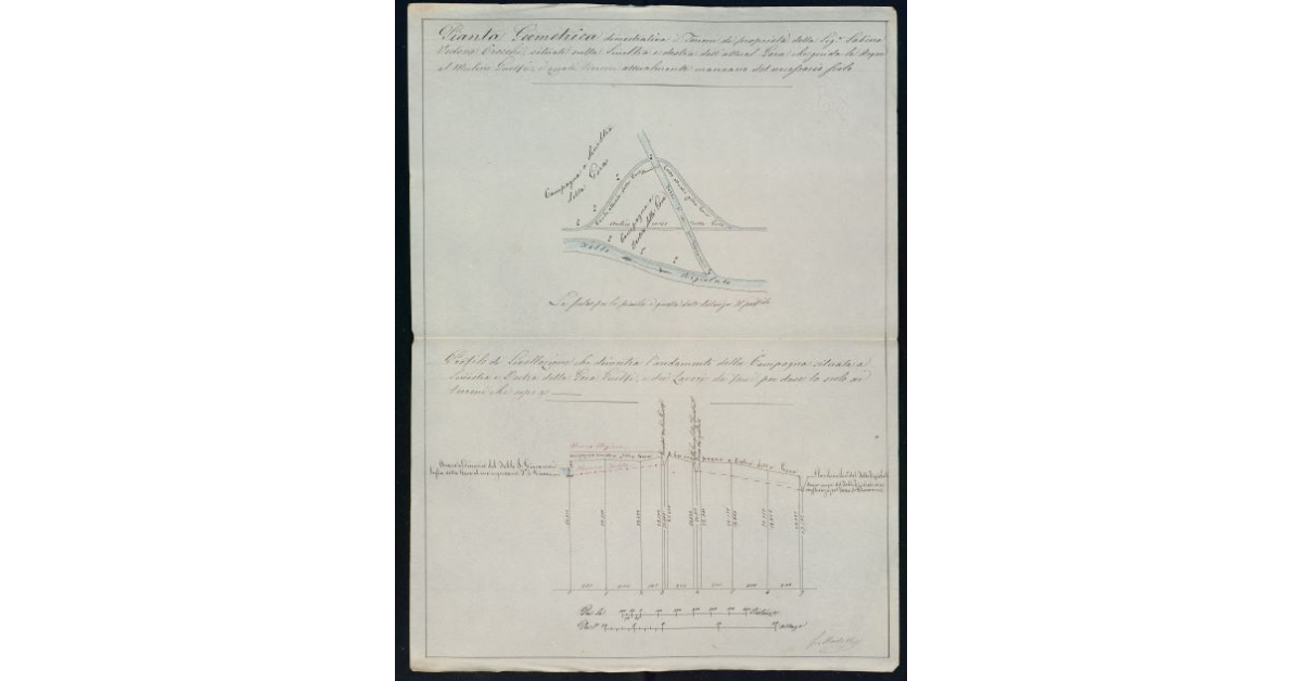 [Pianta e profilo dei terreni situati e destra e a sinistra della gora Guelfi, in prossimità del fosso Rigiolato]