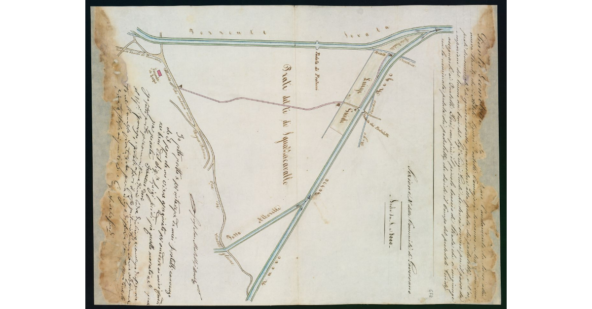 Pianta Geometrica che sta a dimostrare l'andamento da darsi alla nuova Strada che i Nobili Signori Fratelli Camajori dovranno costruire nei suoi prati denominati di sguazzacavallo per accedere alla padata dei paduletti e l'occupazione del terreno nei beni del Sig. Luigi Guidi che dovrà servire per il passo da assegnarli ai Fratelli Dori, con più il piccolo braccio di Strada che si congiunge con la nominata pedata dei paduletti che divide il Campo del prelodato Guidi