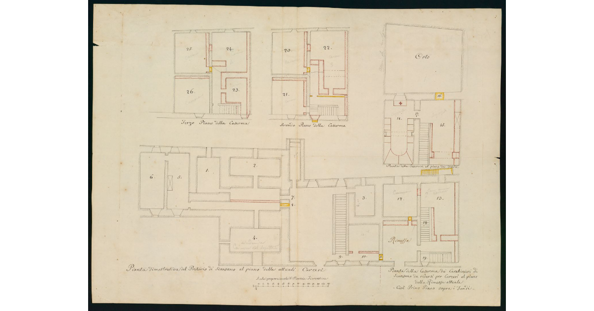 [Piante dimostrative il palazzo Pretorio di Scansano e la Reale Caserma dei Carabinieri, dove devono essere realizzate delle nuove carceri]