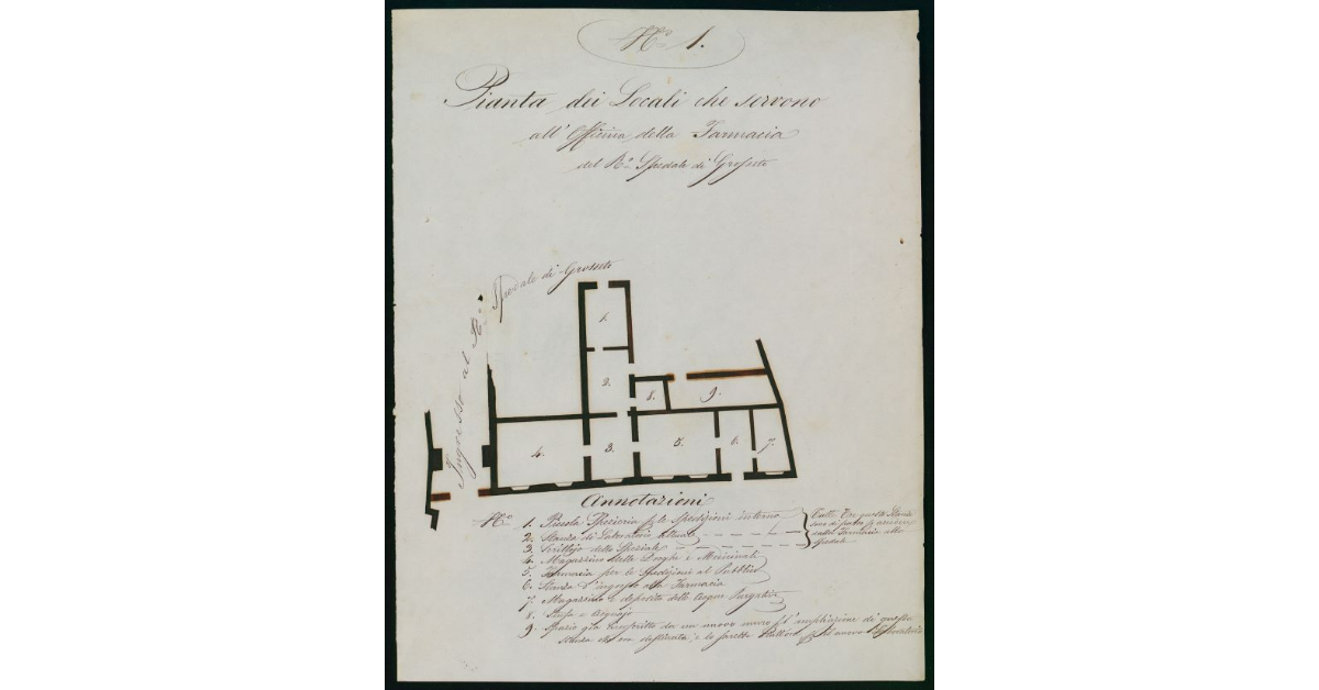 Pianta dei Locali che servono all'Officina della Farmacia del R° Spedale di Grosseto