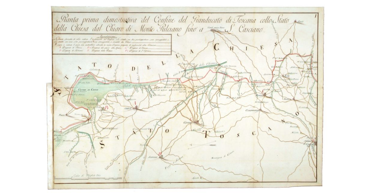 Pianta prima dimostrativa del confine del Granducato di Toscana con lo stato della Chiesa dal chiaro di Montepulciano fino a San Casciano