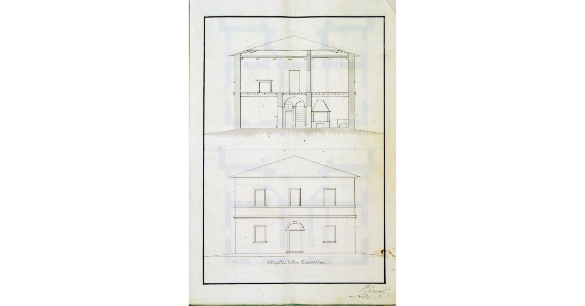 [Alzato e sezione trasversale della nuova casa canonica del Cerreto]