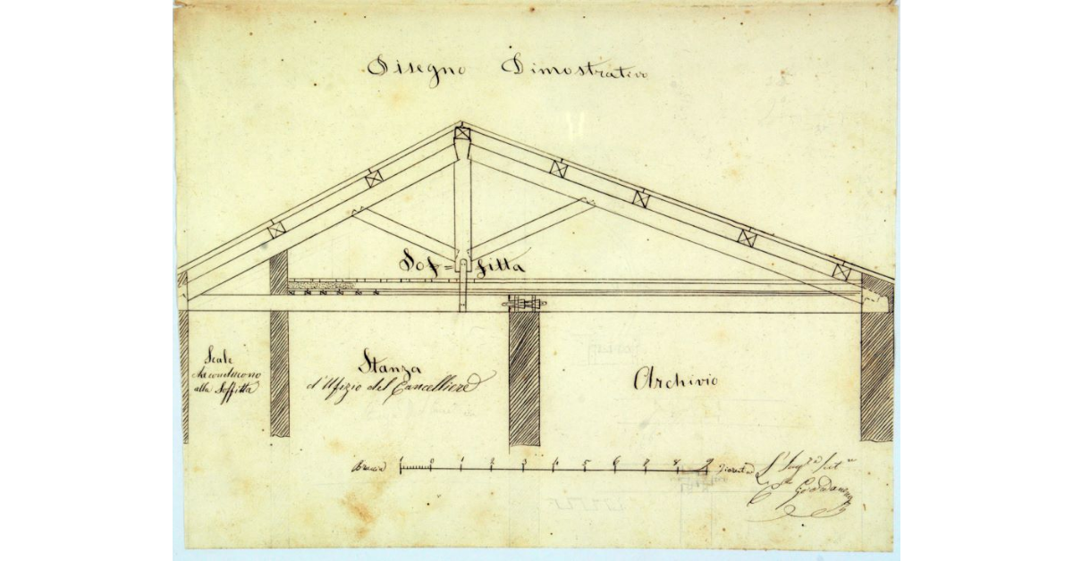 [Disegno dimostrativo della soffitta sovrastante l’archivio e la stanza d’uffizio del Cancelliere comunicativo di Grosseto]