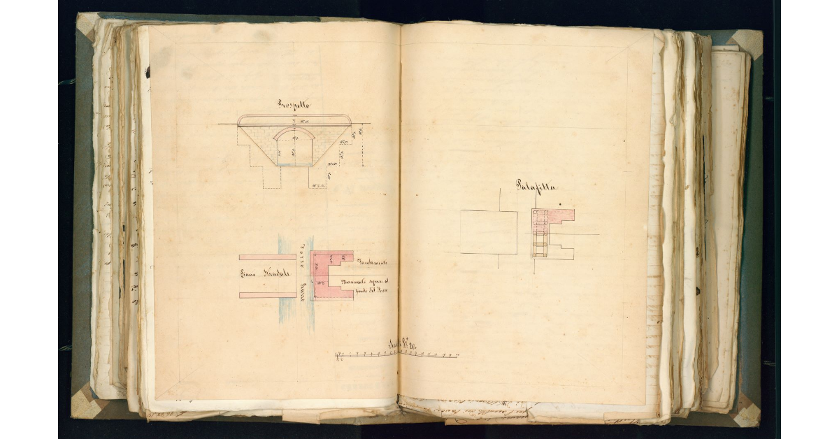 [Prospetto, pianta e disegno della palafitta del ponte da realizzarsi sul fosso Razzo presso la Trappola]
