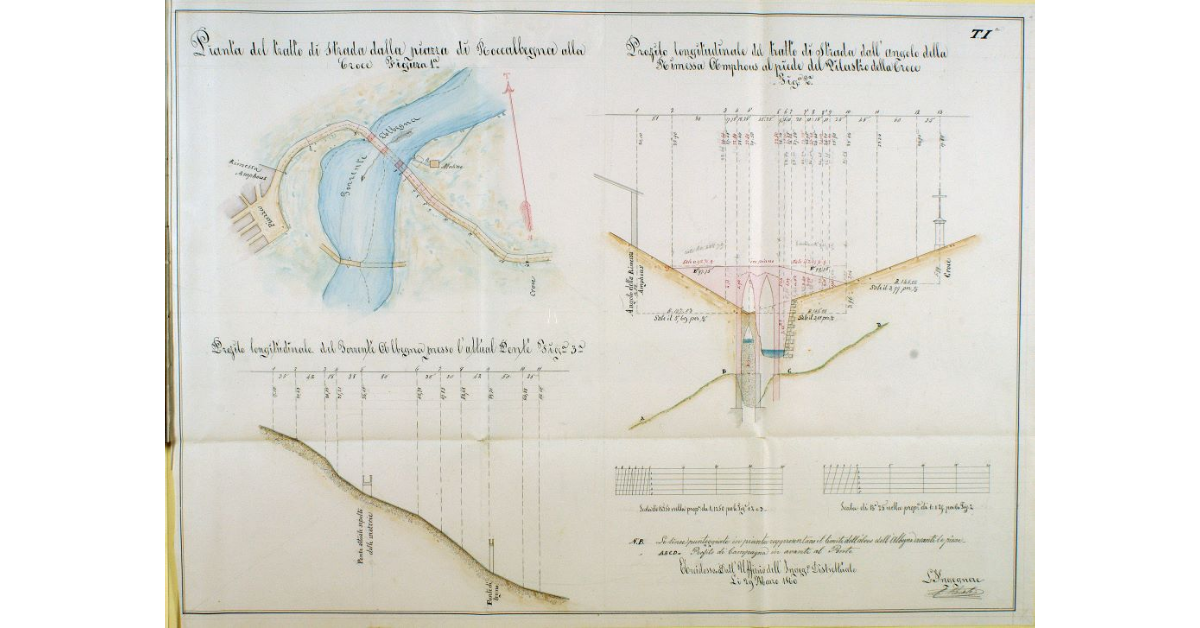 [Disegni relativi al nuovo ponte da costruirsi sul fiume Albegna ed al tratto di strada provinciale n. 24 compreso fra la piazza di Roccalbegna e la Croce]