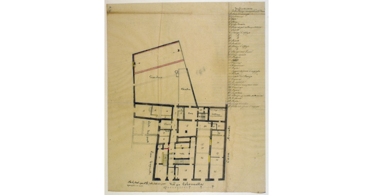 [Pianta del primo piano dell'edificio della Regia Prefettura, con l'indicazione di lavori di restauro necessari per adattarlo all'uso dell'Amministrazione dei R.R. Possessi]