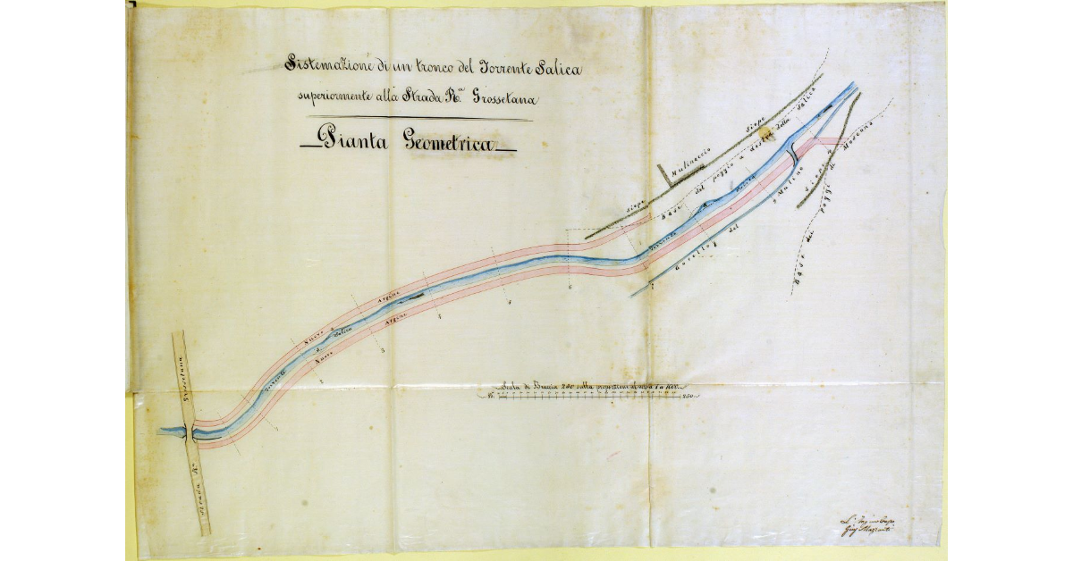 Sistemazione di un tronco del Torrente Salica superiormente alla Strada Rª Grossetana. Pianta Geometrica
