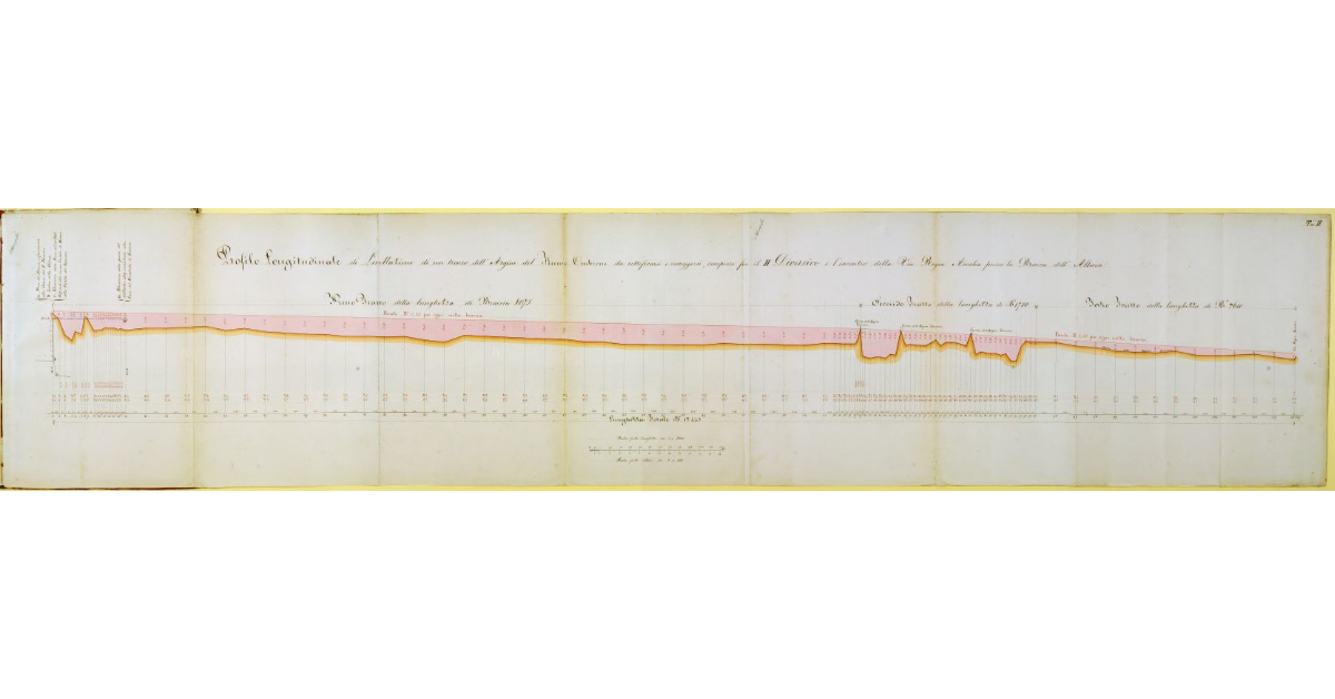 Profilo Longitudinale di Livellazione di un tronco dell'Argine del Fiume Ombrone da rettificarsi e correggersi, compreso fra il II Diversivo e l'incontro della Via Regia Aurelia presso la Barca dell'Alberese