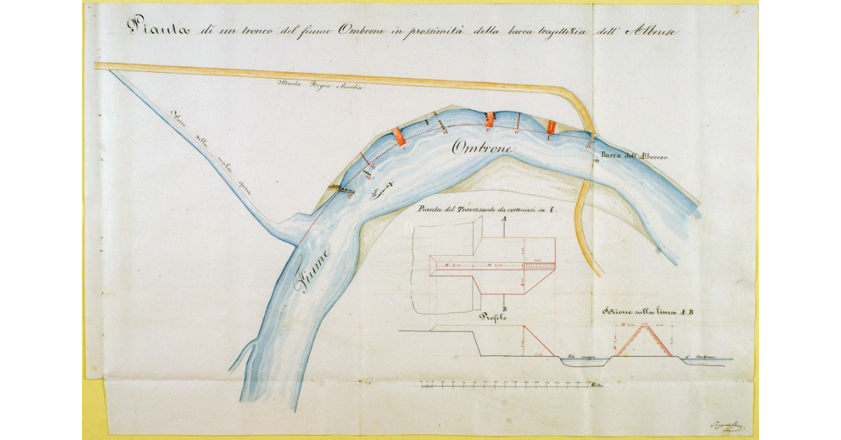 Pianta di un tronco del fiume Ombrone in prossimità della barca trajettizia dell'Alberese