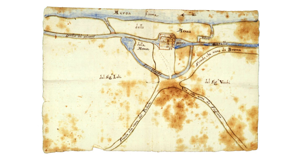 [Mappa relativa al sistema di canalizzazione delle acque del fiume Merse in relazione ad un mulino e ad una gualchiera]