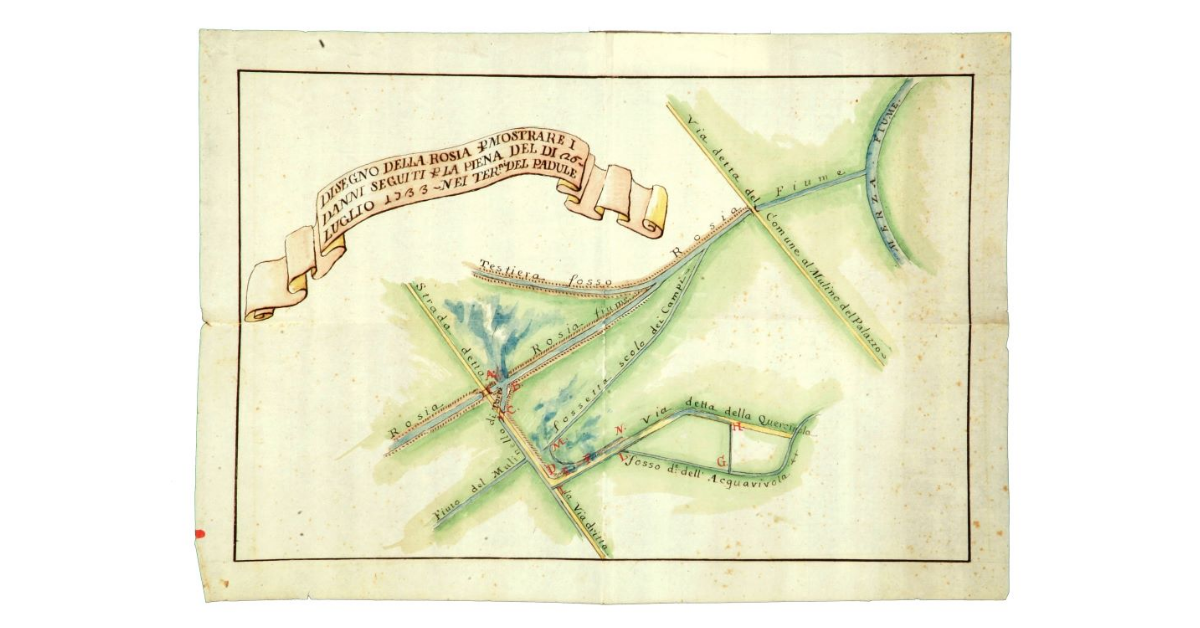 Disegno della Rosia per mostrare i danni seguiti per la piena del dì 26 luglio 1733 nei terreni del padule