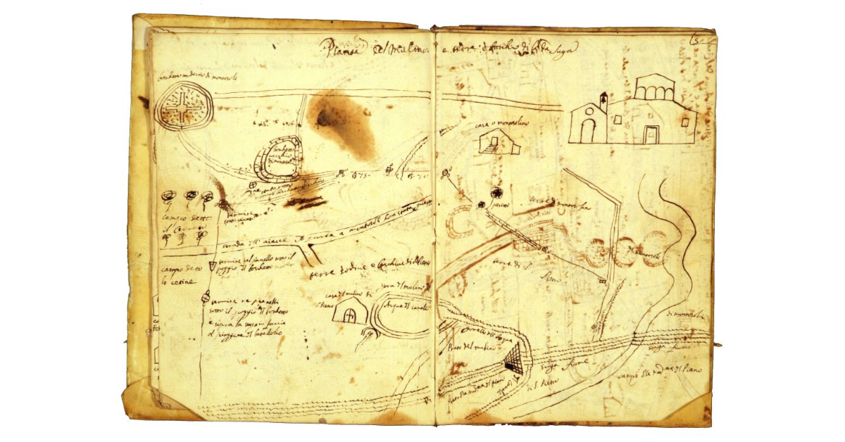 Pianta del mulino e terre e boscho di là da la Suga