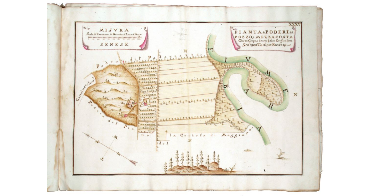 Pianta de' poderi del Pozzo e Mezzacosta. Ch'è in corpo e dentro a' suoi confini sono staia 403, tavole 28, braccia 12