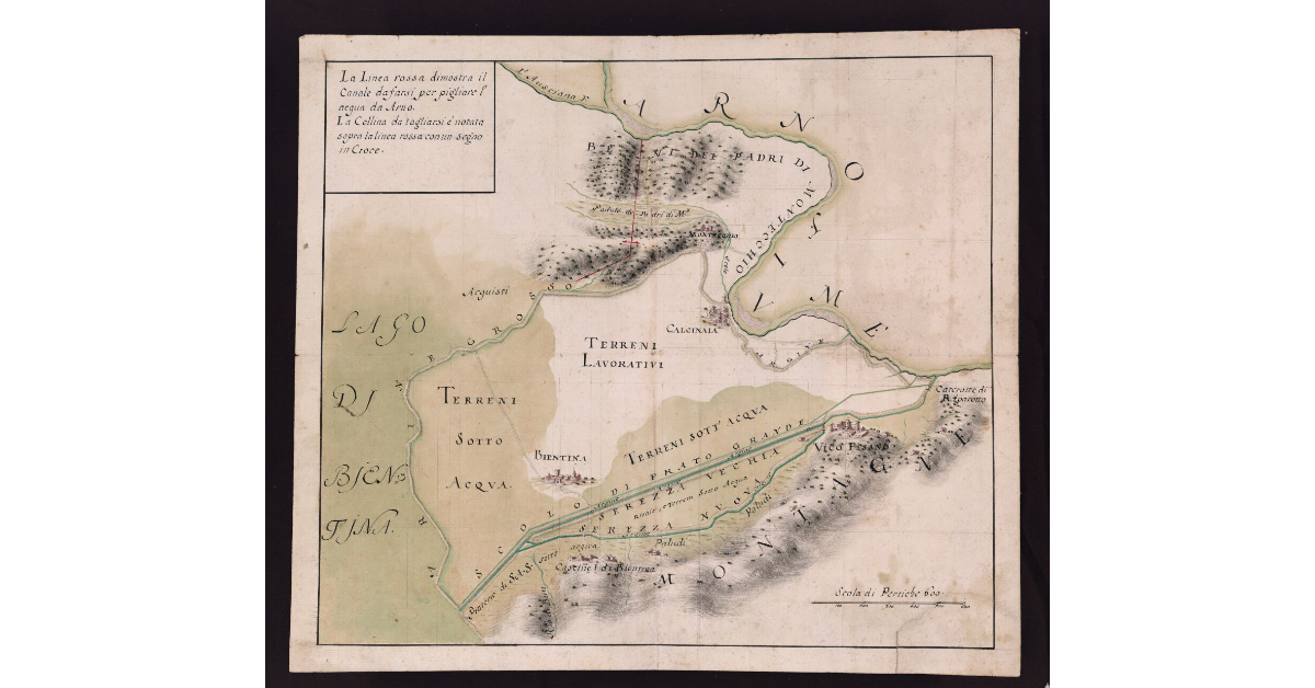 [Pianta del Piano di Bientina, Calcinaia e Vicopisano, con l'indicazione di un nuovo canale per ricolmare con le acque dell'Arno il piano degli Acquisti facendo un taglio nella collina di Montecchio]