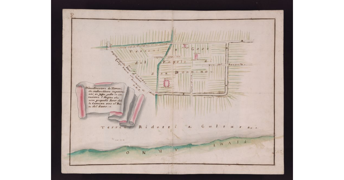Dimostrazione de Terreni, che resterebbero impantaniti, se fusse posto in esecuzione l'Argine che vien proposto farsi dalla Cateratta sino al Ponte del Santo