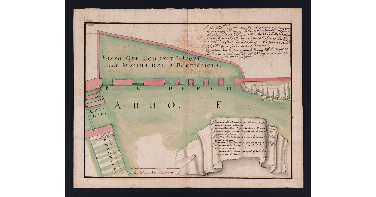 [Pianta delle Bocchette, attraverso le quali si introduce l'acqua dell'Arno nel Fosso Macinante della Porticciola del Prato per il servizio dei mulini della Porticciola]