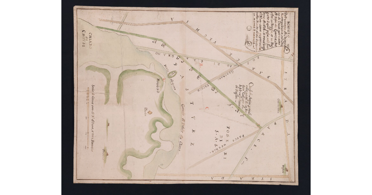 Schizzo Dell'Unione, del Chiaro di Montepulciano, col Chiaro di Chiusi, per mezzo del Passo alla Quercie, che è fra un Poggio, et un Poggietto il qual Passo, nell'Inverno del 1604 si trovò largo Cª. Bª. 44 come apparisce nella Pianta all'ora concordata e come è tuttavia