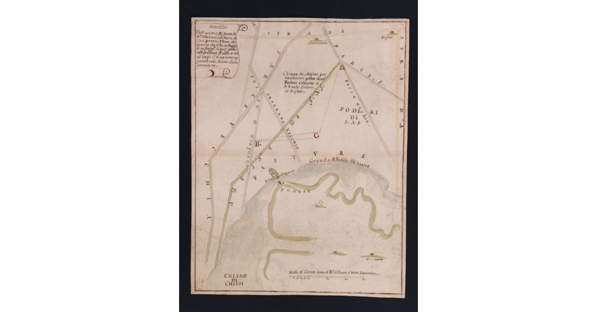 Schizzo Dell'Unione, del Chiaro di Montepulciano, col Chiaro di Chiusi, per mezzo del Passo alla Quercie, che è fra un Poggio, et un Poggietto il qual Passo, nell'Inverno del 1604 si trovò largo Cª. Bª. 44 come apparisce nella Pianta all'ora concordata