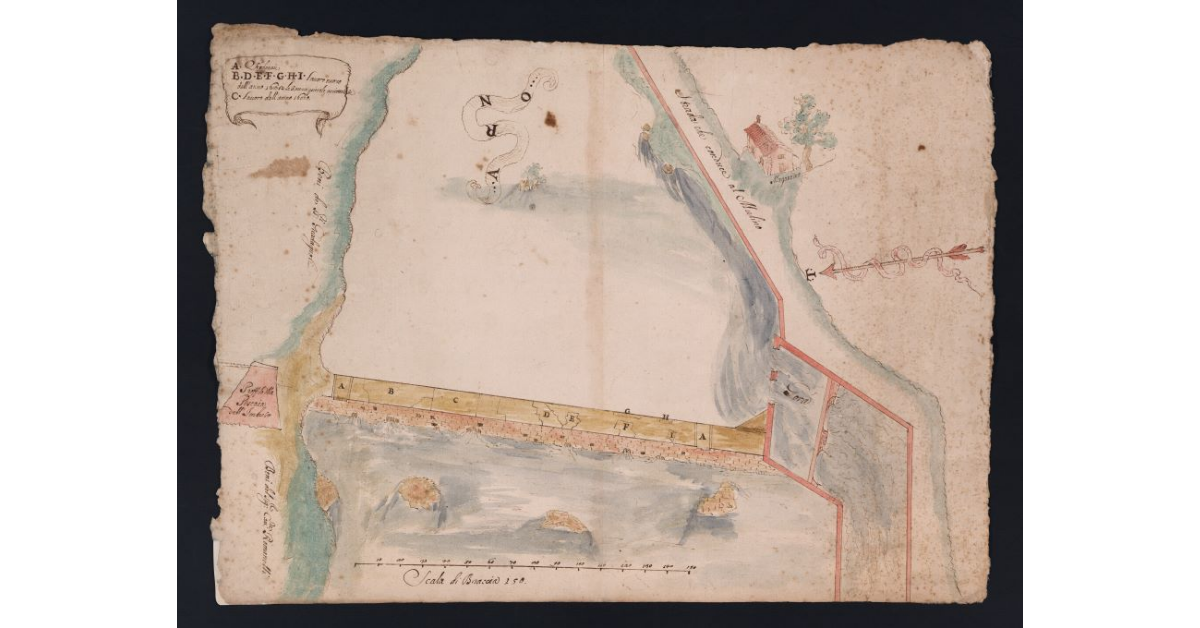 [Pianta della pescaia del mulino dell'Imbuto, con l'indicazione dei lavori eseguiti nel 1680 e nel 1682]