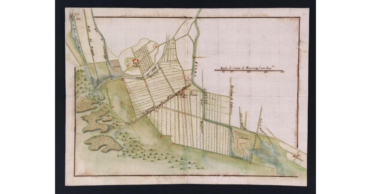 [Pianta di una parte delle due fattorie di Ponte a Cappiano e Stabbia con il corso del fiume Vincio e delle colmate]