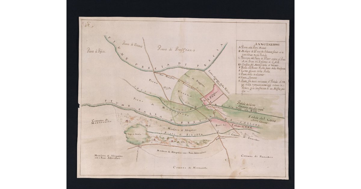 [Pianta di una parte dei terreni della fattoria di Altopascio adiacenti ai fiumi Pescia di Pescia e Pescia di Collodi]