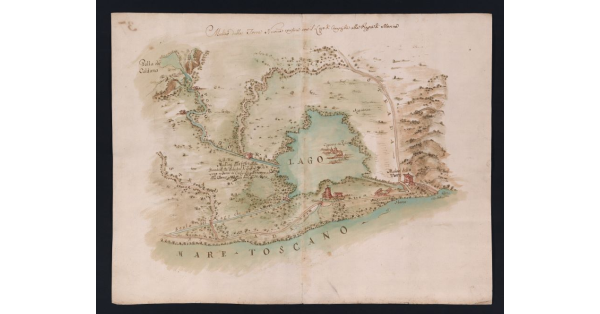 [Pianta del lago di Campiglia e sue adiacenze fino al mare, con i mulini di Torre Nuova e della Fossa delle Bandite]