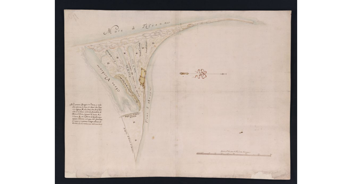 [Pianta che dimostra come stanno le Lame, e Cotoni a Pastura fra l'Arno Vecchio, e Nuovo fino al Mare, con i Terreni del Castellano intorno alla Torre di Bocca d'Arno]