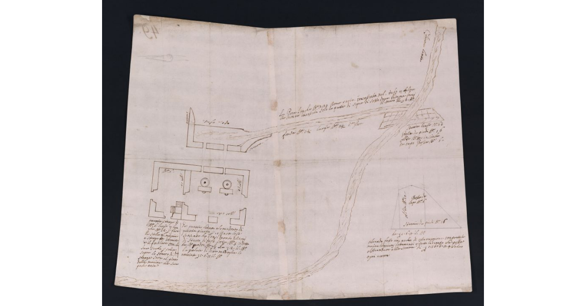 [Pianta del nuovo mulino fabbricato sul fiume Lente nel territorio di Pitigliano]