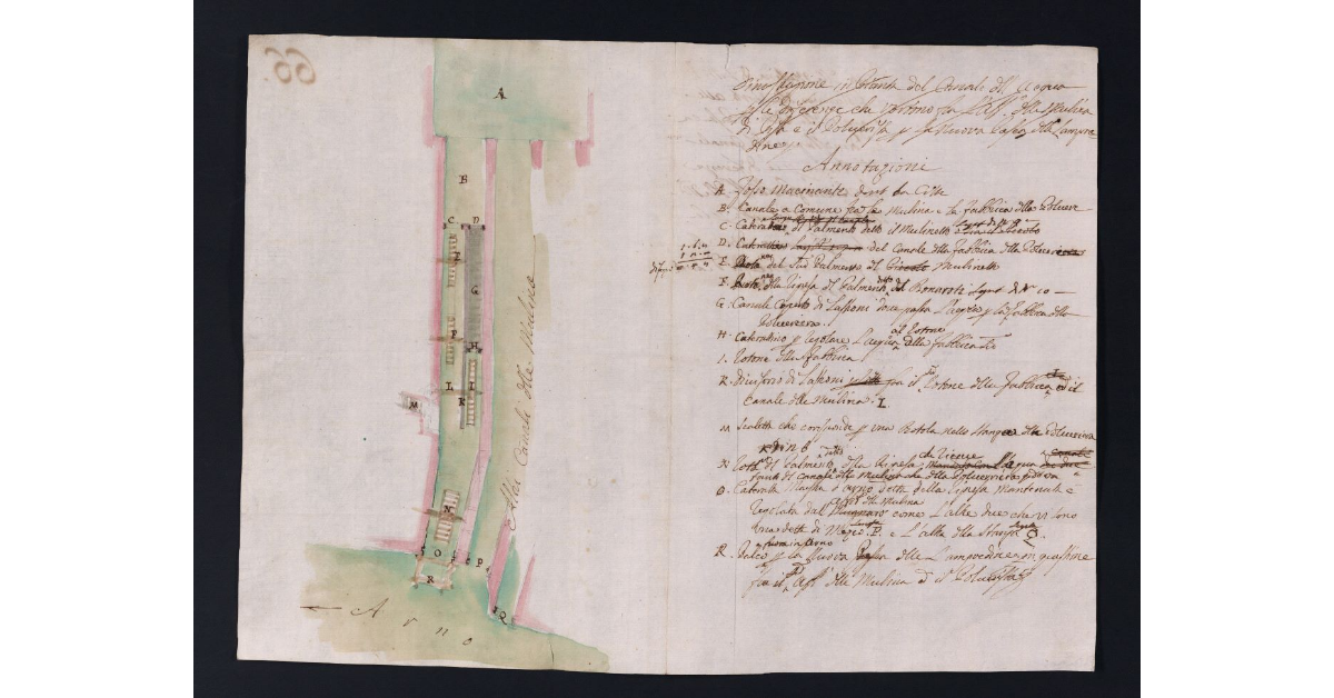 Pianta delle Mulina di SMI e Polveriera della Porta alle Piagge della Città di Pisa con la dimostrazione del Canale dell'Acqua per le diferenze che vertono l'aff. delle Medesime Molina ed il Polverista per la Pesca delle Lampredine che si fa allo sbocco di detto Canale in Arno