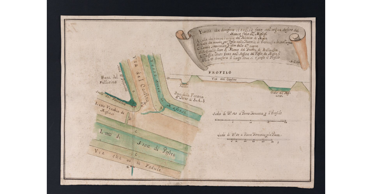 Pianta che dimostra il taglio fatto nell'argine destro del Nuovo fosso de Massesi