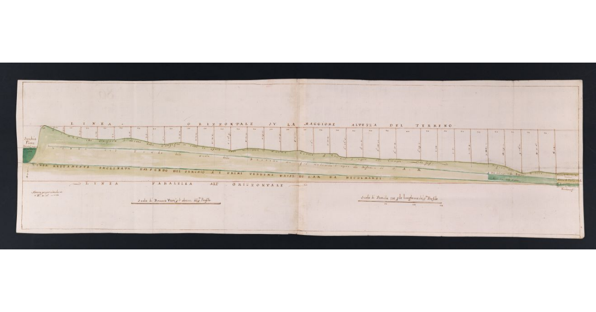 [Profilo di livellazione del canale proposto per colmare con l'acqua del Serchio i terreni paludosi della fattoria di Vecchiano]