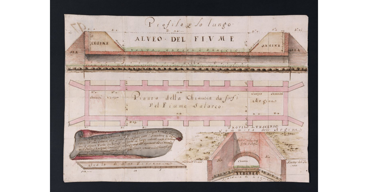 Pianta e profilo della Chiavica da farsi nel Piano d'Acqua Viva per passarvi sopra il fiume Salarco, alla quale gli và fatta sotto l'Armatura di Legname d'Albero Verde da Porvisi nel fondo col largo voltato verso il terreno et il fondo per di sopra, dovendosi prima porre il d. legniame che si tocchi per lo largo, e poi incatenarlo sopra per lo lungo come vien dimostrato dal med. Profilo