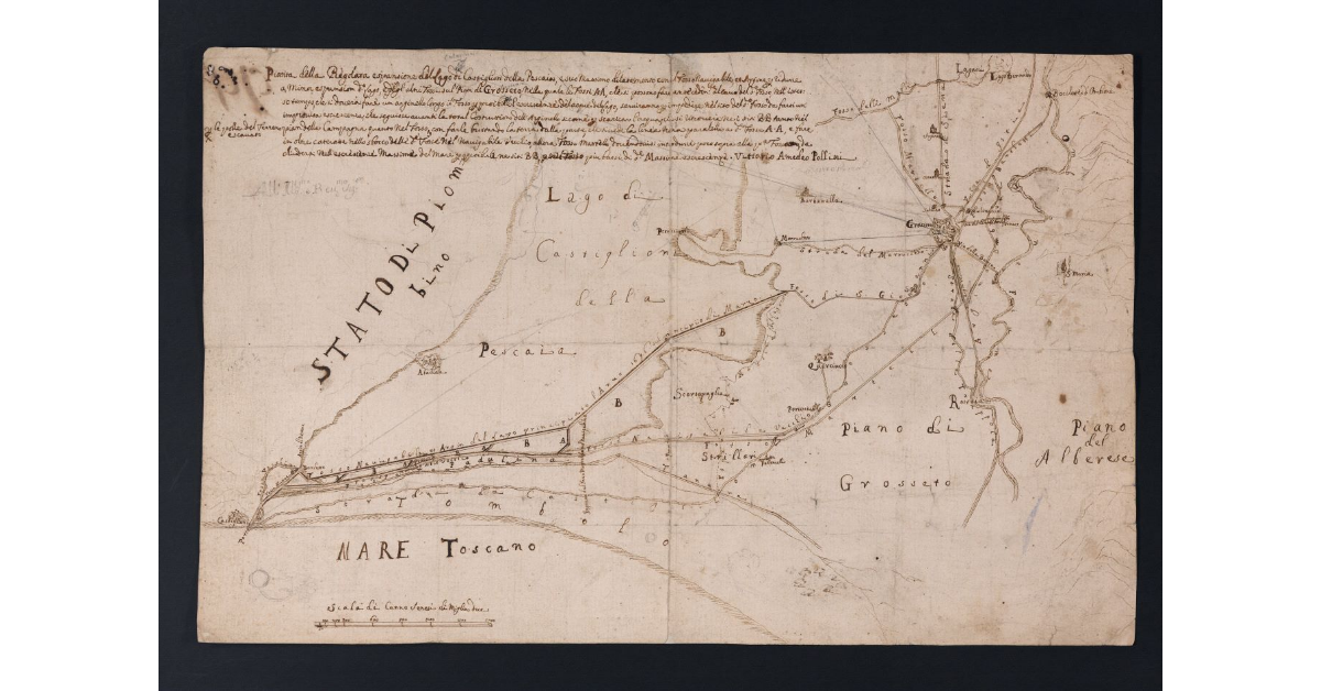 [Pianta della Regolata espansione del Lago di Castiglione della Pescaia, e suo massimo dilatamento, con il fosso Navigabile, e Argine per ridurre a minore espansione detto Lago, e degl'altri Fossi sul Pian di Grosseto...]