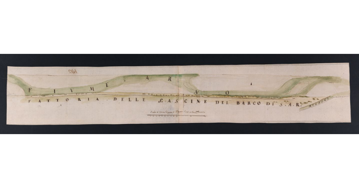 [Pianta di un tronco del fiume Arno in prossimità della fattoria delle Cascine del Barco]