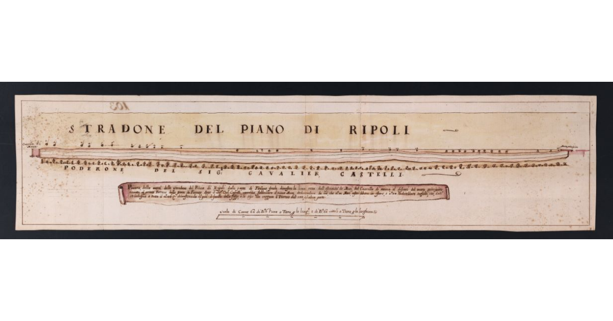 [Pianta della metà dello Stradone del Piano di Ripoli dalla parte di Firenze, quale dimostra la linea retta dall'estremità de Muri del Cancello di mezzo al difuori del muro principiato accanto al primo Portone dalla parte di Firenze dove il sig. Cav. Castelli vorrebbe fabbricare il nuovo Muro...]